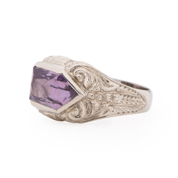 Art Deco 14K White Gold Filigree Carved Amethyst Unisex Vintage Statement Ring from the right showing the unique shape of the center gem