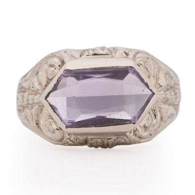 Art Deco 14K White Gold Filigree Carved Amethyst Unisex Vintage Statement Ring from the front showing off the overall design
