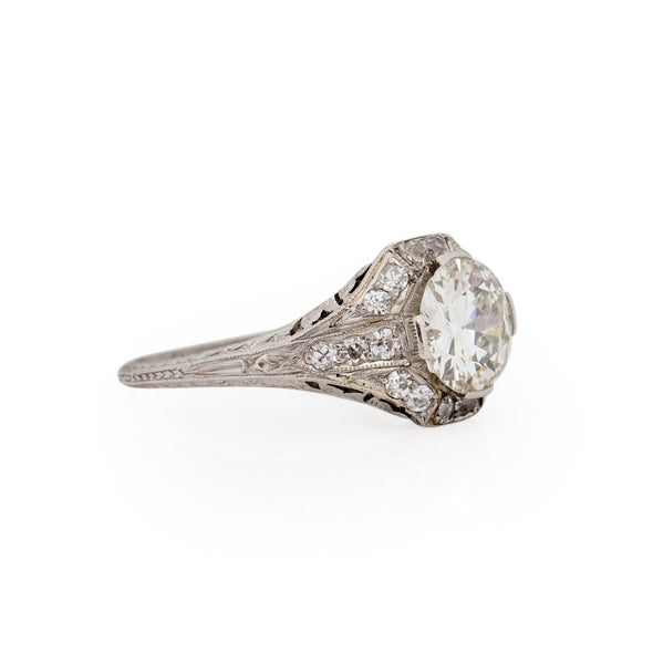 Dated 1924 Art Deco Platinum 1.55Ct Diamond, Filigree Detailed Ring