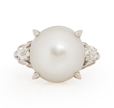 Edwardian Platinum Hand Made Vintage Mount with Large Cultured Pearl from the front showing off the overall look 