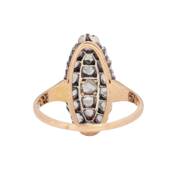 Circa 1900's Victorian 18K Rose Gold Two Tone Pave Rose Cut Diamond Navette