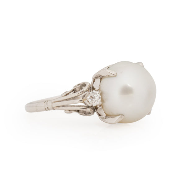 Edwardian Platinum Hand Made Vintage Mount with Large Cultured Pearl from the left showcasing the split shank details 