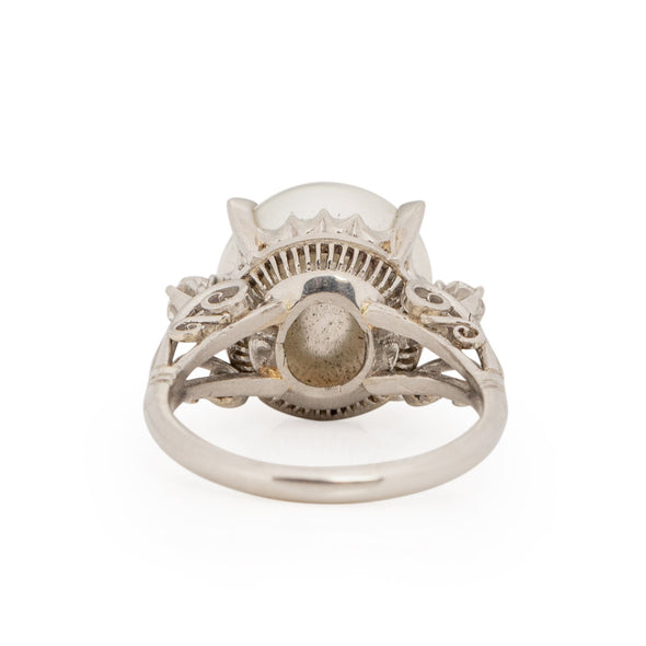 Edwardian Platinum Hand Made Vintage Mount with Large Cultured Pearl from the bottom peaking at under the gallery 