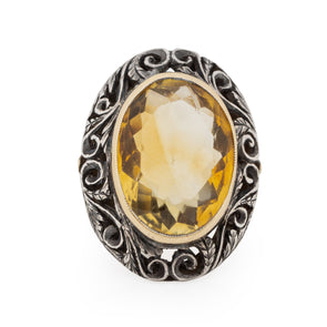 Victorian Two Tone 18K and Sterling Silver Antique Large Oval Citrine Cocktail/Statement Ring from the front showing off overall shape and design 