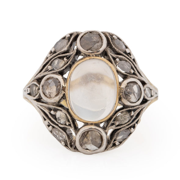 Victorian Sterling Silver and 18K Yellow Gold Vintage Moonstone and Rose Cut Diamond Flora Detailed Statement Ring from the front showing off the overall design 