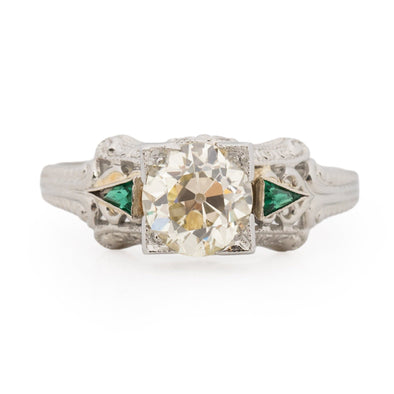 Art Deco 18K White Gold Illusion Head 1.36Ct Old European Cut Diamond w/Emerald Accents Vintage Engagement Ring from the front showing off the overall design 