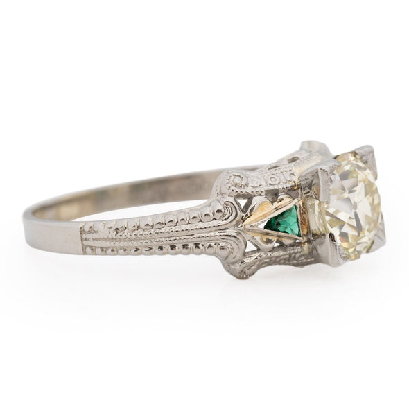 Art Deco 18K White Gold Illusion Head 1.36Ct Old European Cut Diamond w/Emerald Accents Vintage Engagement Ring from the left showing off the excellent details along the shank 