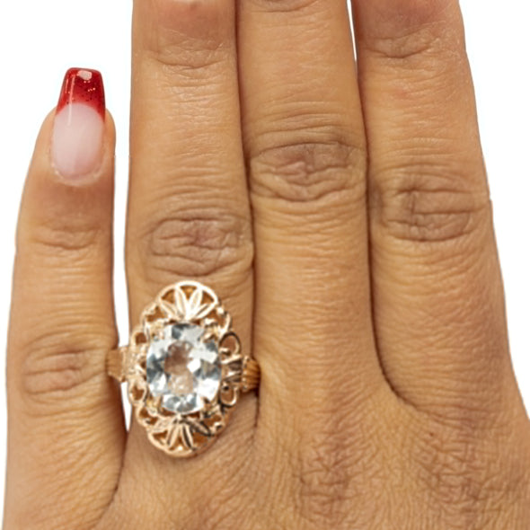 Vintage Victorian Style 14K Rose Gold Shield Ring with 4 Ct Aquamarine Center and Russian Hallmarks on the hand from the top showing off the overall look 