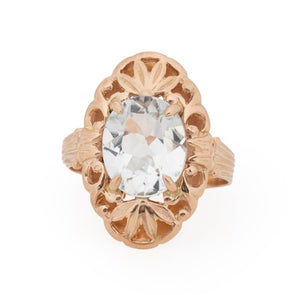Vintage Victorian Style 14K Rose Gold Shield Ring with 4 Ct Aquamarine Center and Russian Hallmarks from the front showing the overall design 