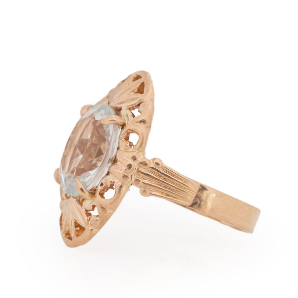 Vintage Victorian Style 14K Rose Gold Shield Ring with 4 Ct Aquamarine Center and Russian Hallmarks from the right highlighting the open work of the shield. 