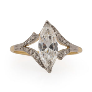 Art Deco Two Tone 18k GIA Certified 1.04Ct Marquee Cut Vintage Solitaire Split Shank Diamond Engagement Ring from the front highlighting the split shank design