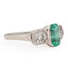 Art Deco Platinum GIA Certified F1 Natural Zambian Emerald and Diamond Three Stone Engagement/Statement Ring from the left highlighting the classic shank design 