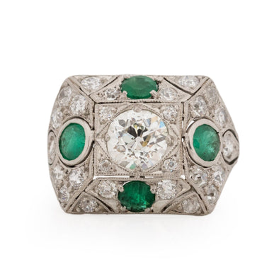 Edwardian Platinum Old Mine Cut Center with Natural Emerald Accents Vintage Statement Ring from the front highlighting the overall design 