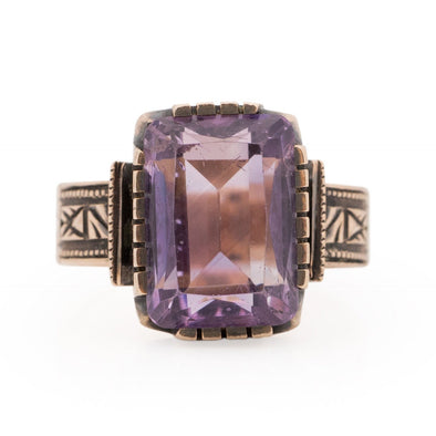 Victorian 10K Rose Gold Antique Purple Amethyst Fashion/Statement Ring from the front showing the overall design 