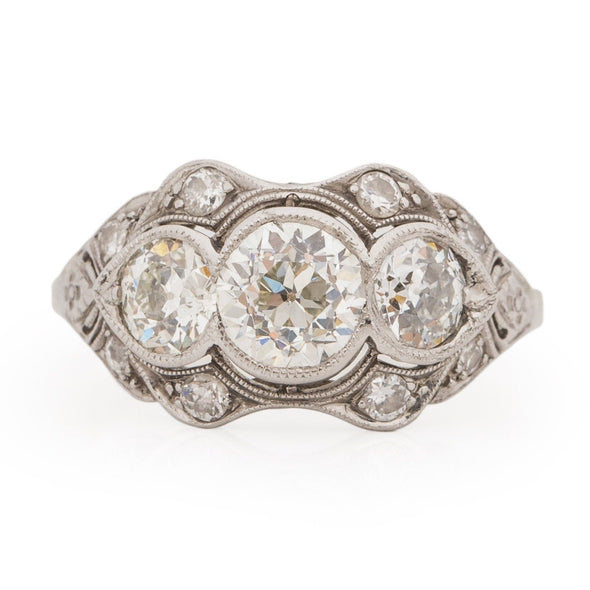 Circa 1920's Art Deco Platinum GIA Certified Three Stone Old European Cut Ring