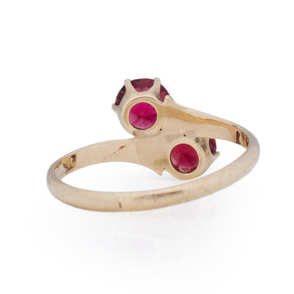 Victorian 10K Yellow Gold Red Ruby Doublet Vintage Toi et Moi Ring from the bottom peaking under the gallery 