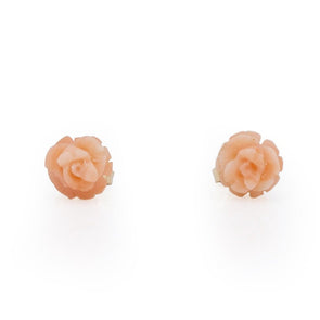 Vintage 19K Yellow Gold Pink Rose Carved Coral Stud Earrings from the top highlighting the hand carved roses 