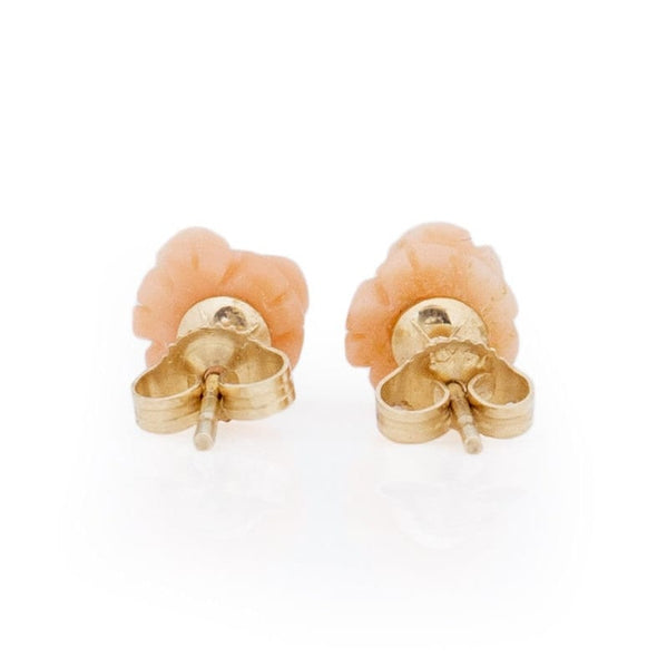 Vintage 19K Yellow Gold Pink Rose Carved Coral Stud Earrings from the back show casing posts and backs 
