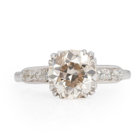 Circa 1930's Art Deco 18K White Gold Over 2Ct Old Mine Cut Diamond Ring