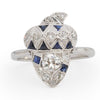 Edwardian 14K White Gold Old European Cut Diamond and Blue Sapphire Acorn Cocktail Ring from the front showing off the gemstone details 