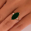Retro 14K Yellow Gold Green Jade Navette and Pearl Accent Three Stone Fashion Ring on the hand from the top looking down at the overall shape 