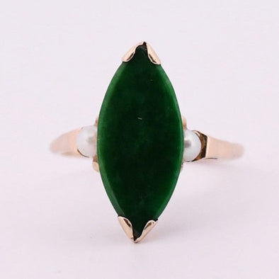 Retro 14K Yellow Gold Green Jade Navette and Pearl Accent Three Stone Fashion Ring from the front showing off the deep green jade marquise 