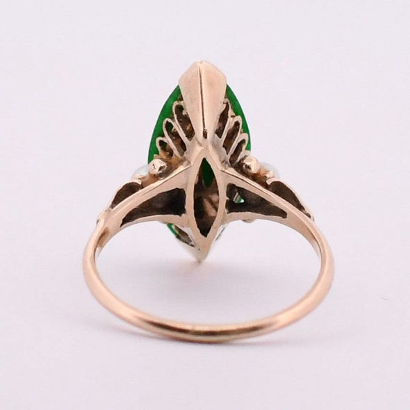 Retro 14K Yellow Gold Green Jade Navette and Pearl Accent Three Stone Fashion Ring from the bottom peaking under the gallery 