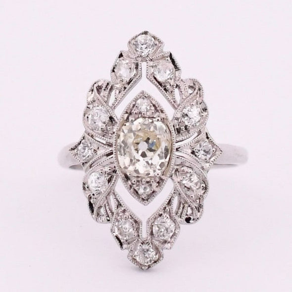 Edwardian Platinum TRAUB Floral 1.02Ct Old Mine Cut Diamond Antique Shield Ring from the front showing off the overall design 
