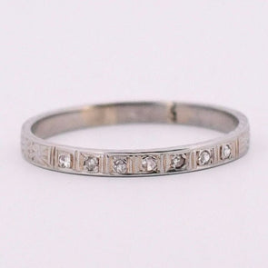 Art Deco Single Cut Diamond Partial Eternity Floral Engraved Stackable Wedding Band from the front showing off the single cut diamond design 