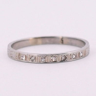 Art Deco Single Cut Diamond Partial Eternity Floral Engraved Stackable Wedding Band from the front showing off the single cut diamond design 