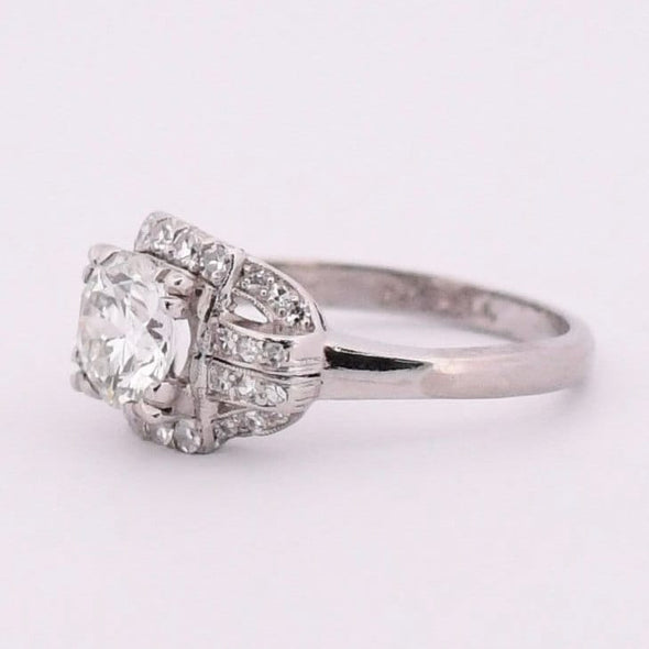 Art Deco Palladium Illusion Head Old European Cut Diamond Antique Solitaire Engagement Ring from the right highlighting the simple shank 