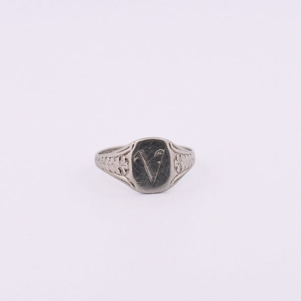 Art Deco Floral Engraved Personalized "V" Signent Ring