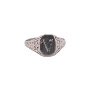 Art Deco Floral Engraved Personalized "V" Signent Ring